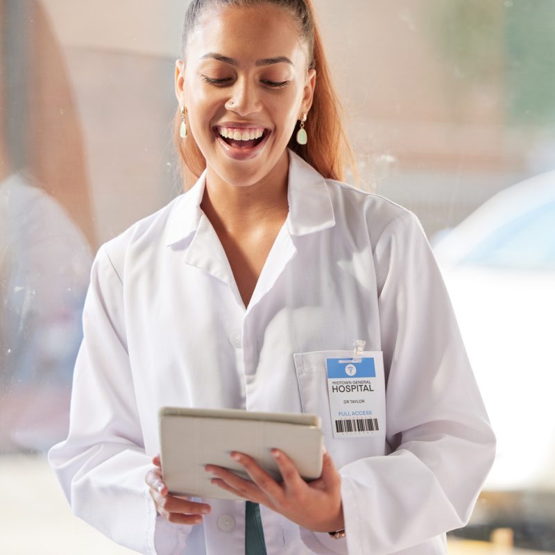 Doctor, health and hospital, woman with tablet for digital medical information, technology and medi